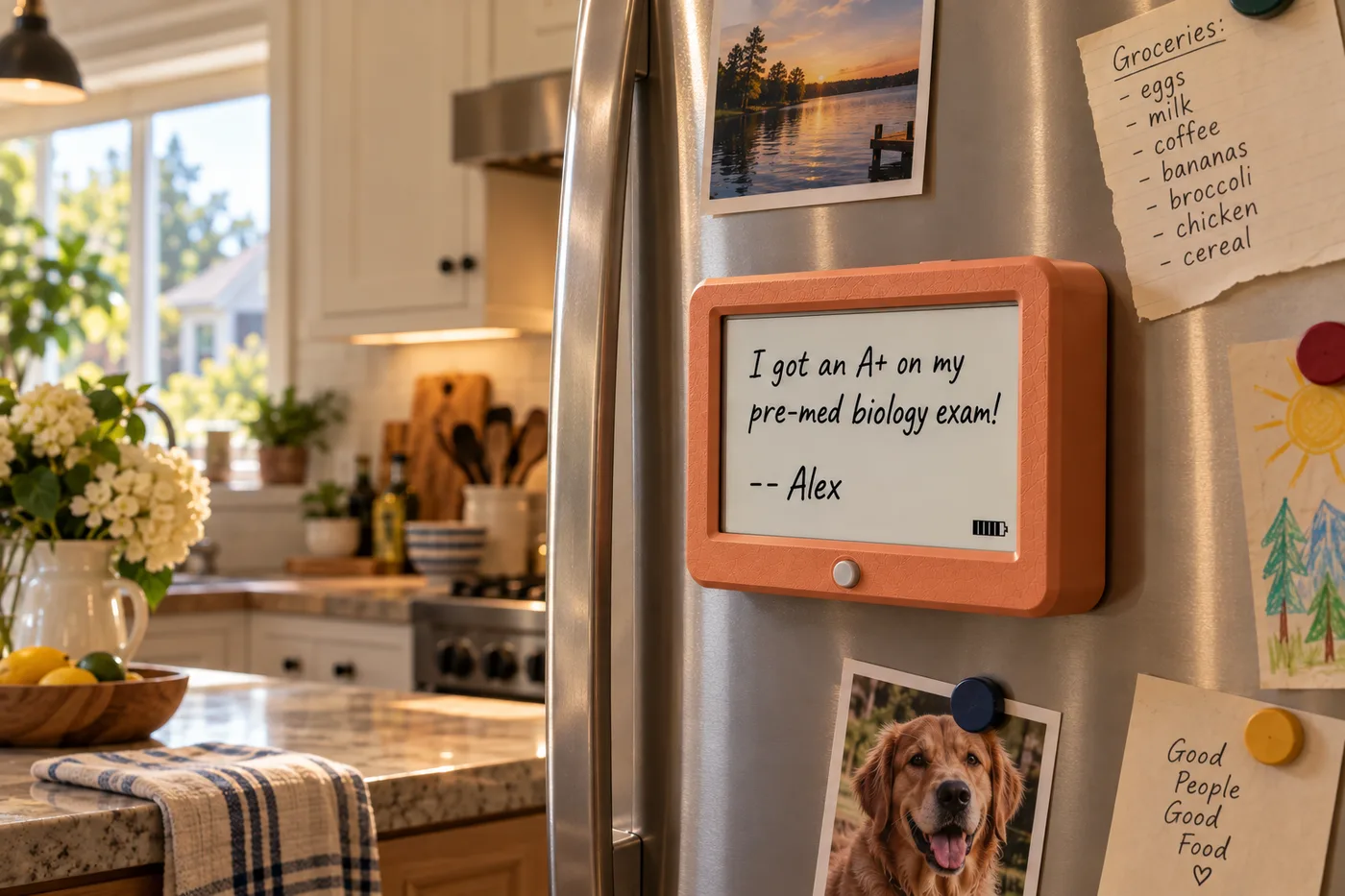 Maggie in Apricot on a refrigerator, showing a message: I got an A+ on my pre-med biology exam! -- Alex