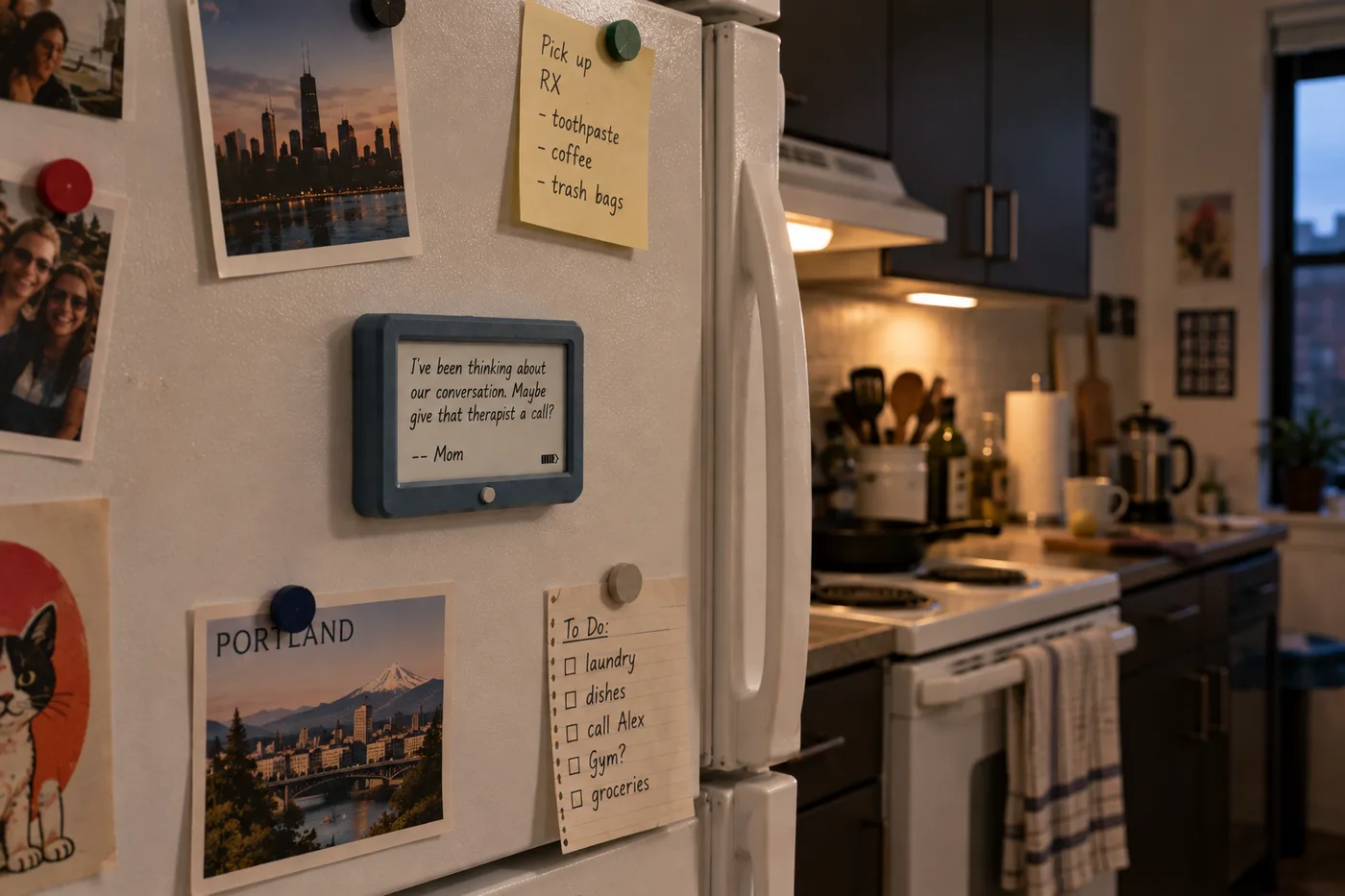 Maggie in Bluestone on a refrigerator, showing a message: I've been thinking about our conversation. Maybe give that therapist a call? -- Mom