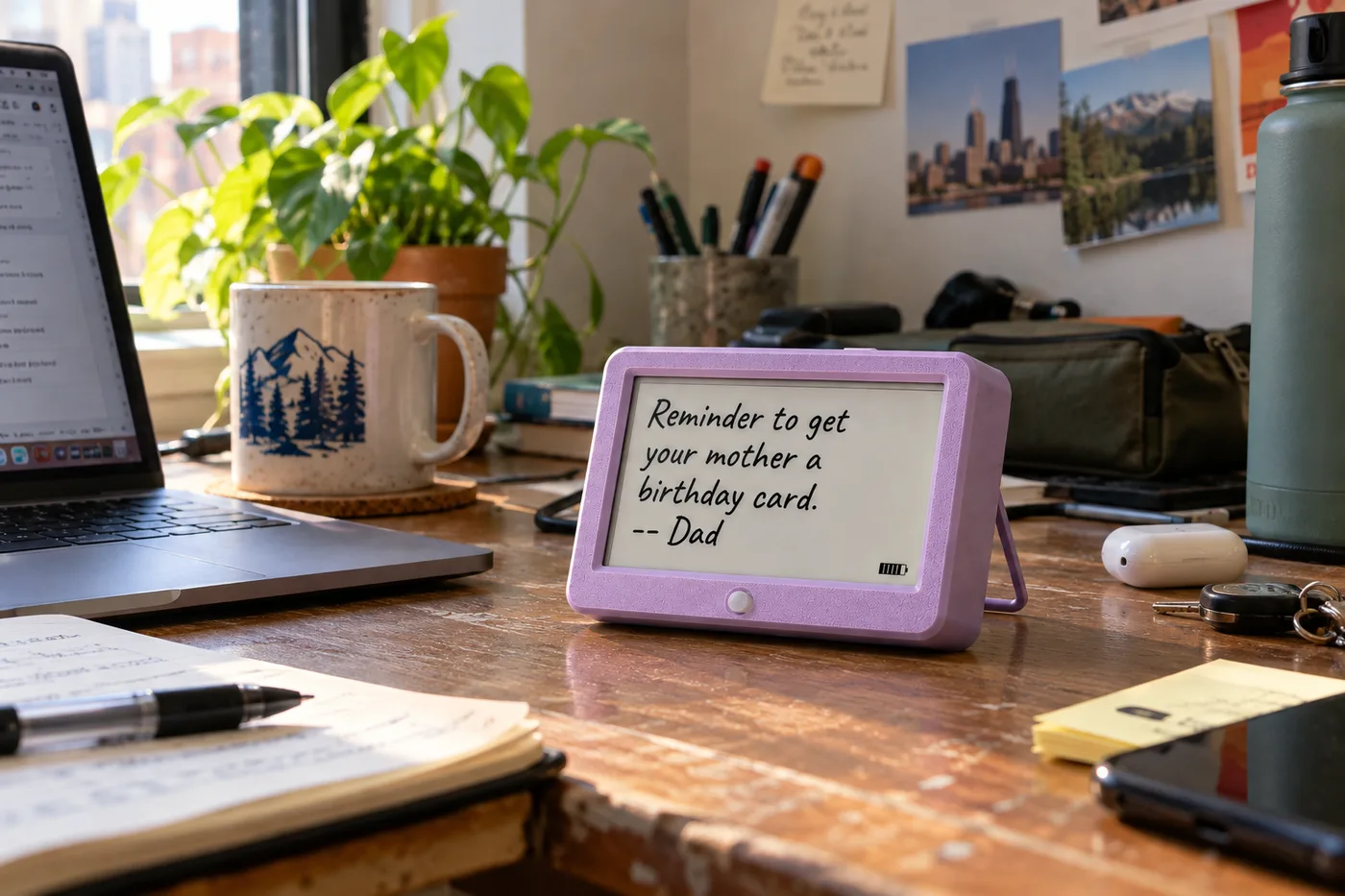 Maggie in Lilac on a refrigerator, showing a message: Reminder to get your mother a birthday card. -- Dad